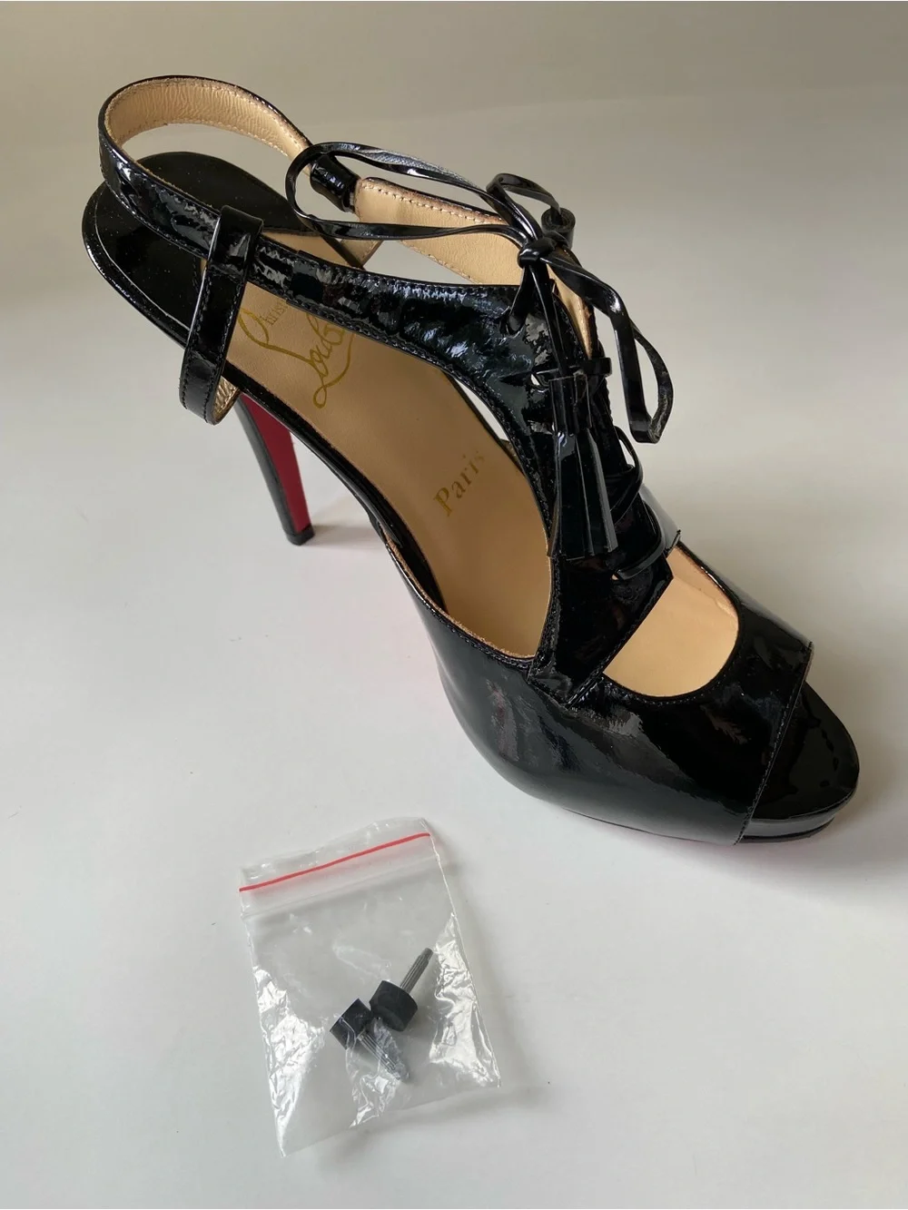 NWT Black Patent High Heel Louboutin platform Sandals with tie vamp
